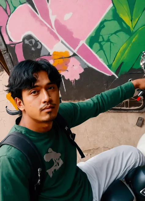  Arafed man sitting on a motorcycle with a backpack on his back, realism art, graffiti in the background , Josan Gonzales!!!, Thawan Duchanee ( peace of mind), solo portrait 🎨🖌️, 🚿🗝📝, Photo, random artist, realistic art style, ayan nag, taken with sony alp...