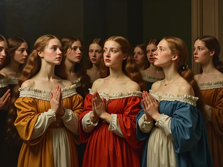  painting an oil painting in neoclassical style ，Based on European legends, the saint Ursula and the martyrdom of 11,000，Many young British girls with pure and beautiful long hair are praying，Girls wear off-the-shoulder dresses from the 19th century