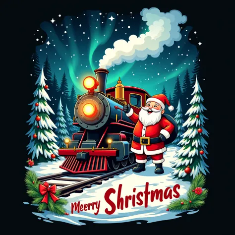 black background,playful,realistic,light hearted bright art t-shirt design featuring fa detailed steam train through the snow-covered forest, under the magical aurora night sky adorned with a holiday wreath,greenery,Christmas embellishments.Include a large...