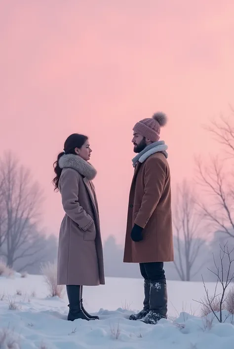 Woman and Man Conversing with Winter Suits Pink Scenery Without Showing Happy Hands
