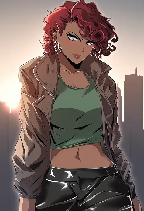 1girl, solo, masterpiece, best quality, (anime art style:1.0), 2d, dynamic shadows, masterpiece, best quality, (anime art style:1.0), 2d, dynamic shadows, atmosferic, long curly red hair, green tank top, black leather jacket with spikes on it, black leathe...