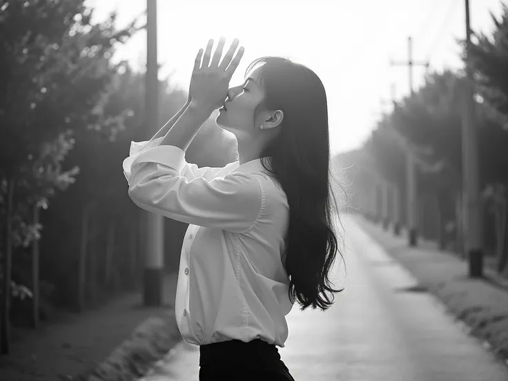 , a beautiful Japanese woman with long hair holds her palms up above her head. Morning light shines through the gaps in her hands, creating a very beautiful scene . She is wearing a white collared shirt and black slacks . Her body is turned to the side. Th...