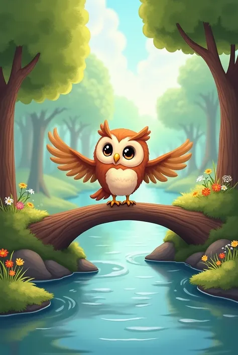 Owl crossing the river above a fallen tree cartoon 