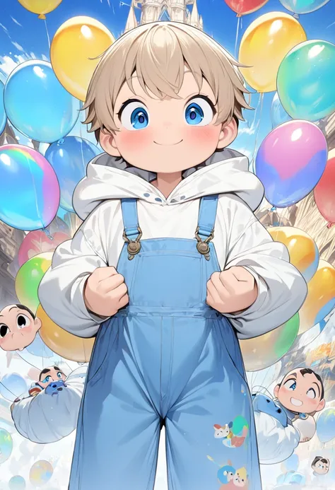 (masterpiece,  best quality:1.2),  anime-style character design。 one boy and girl ，Big Eyes， cute expression ， white shirt， blue overalls， White Hoodies 、 white sneakers，stand， funny， funny， clean lines 、Colorful balloons float 、 perfect body、 perfect face...