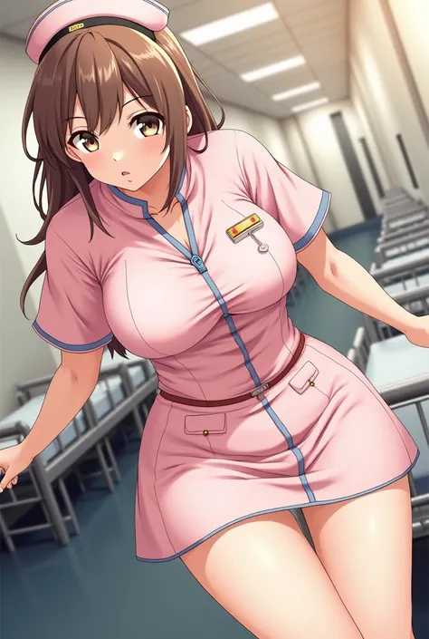 Adult woman with long brown hair tied with light brown eyes with large breasts wearing a uniform of Russian sickness showing a little of her cleavage at the bottom of empty anime-style hospital beds