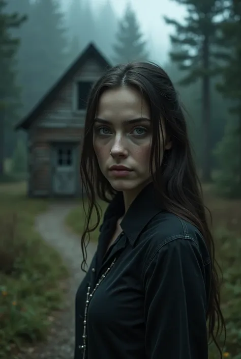 Make me an image of a young woman from the front looking at the camera and in the background a gloomy cabin with a path 
