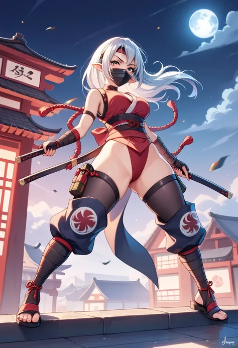 (masterpiece), best quality, expressive eyes, perfect face, an illustration of  elf, she wearing traditional ninja style outfit , (ninja mask:1.4), pointy ears,she standing on rooftop, she gazing at cityscape with a serious expression,the background is dar...