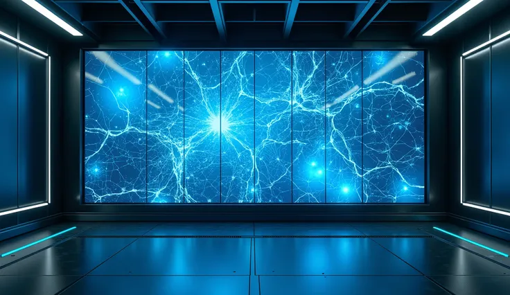 "A futuristic control room with sleek metal and glass design, reflecting advanced technology. A large electric-blue hologram screen dominates the space, displaying chaotic temporal data with cracks resembling shattered glass. The blue hologram light serves...