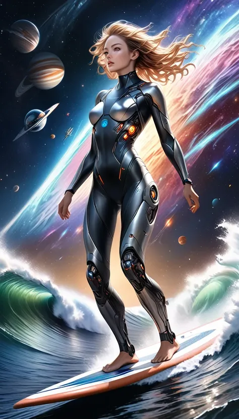 Attractive cyborg, Aesthetic space, Standing on a surfboard, A galaxy like the ocean, Surf, Riding the Galactic Waves, no gravity, Ultra-realism, super high quality, Realistic, Ultra-high resolution, Detailed and attractive faces, Ultra-high precision,