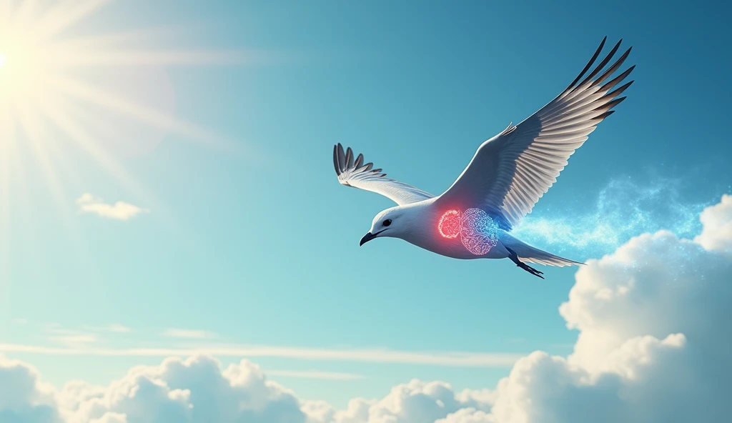 "An illustrative scene of a bird in graceful mid-flight, showcasing the efficiency of its lungs that enable high energy levels and prevent exhaustion during flight. The image features a semi-transparent overlay of the bird’s respiratory system, emphasizing...