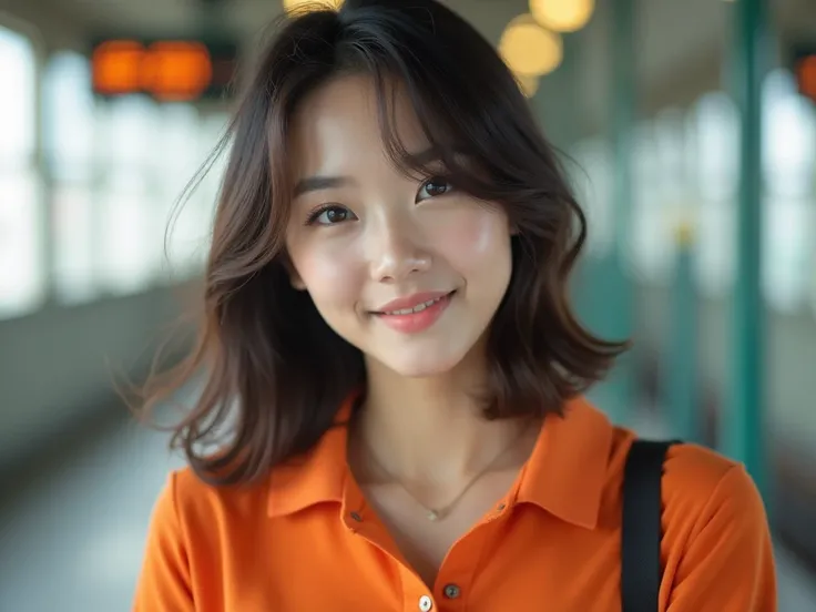 realistic photos of (  1 lovely Korean star  ) Flip hair , Light makeup,  Medium breast size , Orange Polo Shirt, At the train station, The sharp facial features of the Canon EOS camera, 16K,  high resolution,  sharp and realistic details ,  Overexposure, ...