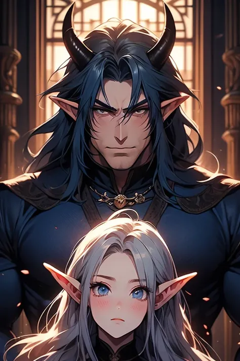 (ultra high quality) , (2.5d), (best quality), (beautiful faces) , (medieval castle) a beautiful male elf with demon horns and long dark blue long hair and big muscles, blushed face, huge muscles, he is very handsome, medieval bedroom