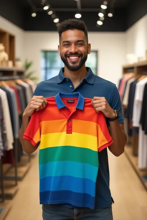 Customer smiling while receiving their personalized rainbow design polo