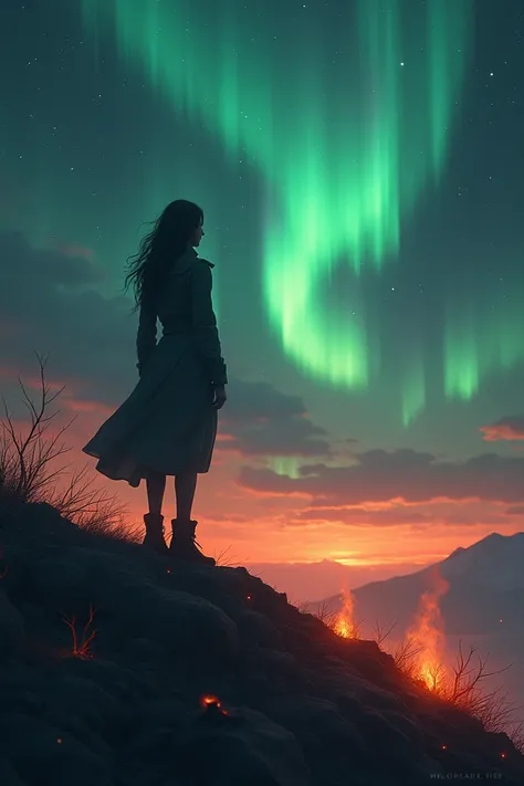 Silhouette of a woman standing on a hill of embers looking into the distance at the stars and Borial auroras
