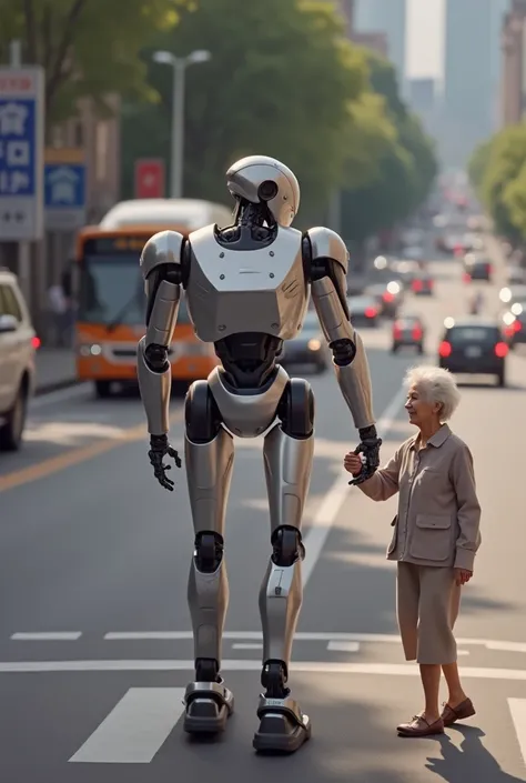 The robot is helping the old lady cross the street.   No anime, no cartoons, hyper relaistic, high resolution, highly detailed, no blir, no distortion. 8k masterpiece