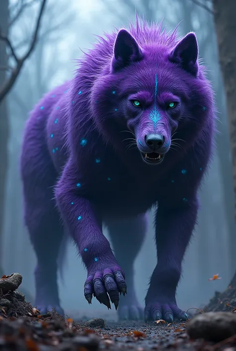 Large purple hell hound puppy with bright blue speckles with long porcupine quills for fur