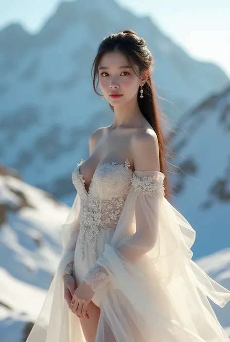 extremely beautiful young lady, exotics, one of a kind, small mouth,  small eyes, in love, love in the eyes, elegant, majestically, gigantic round breast , perky breast, nu bra, aesthetically, soft light, Asian , in a snowy mountain 