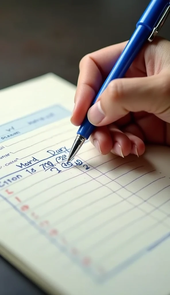 Create an image of a hand filling out a table with blue pen on a notebook sheet.