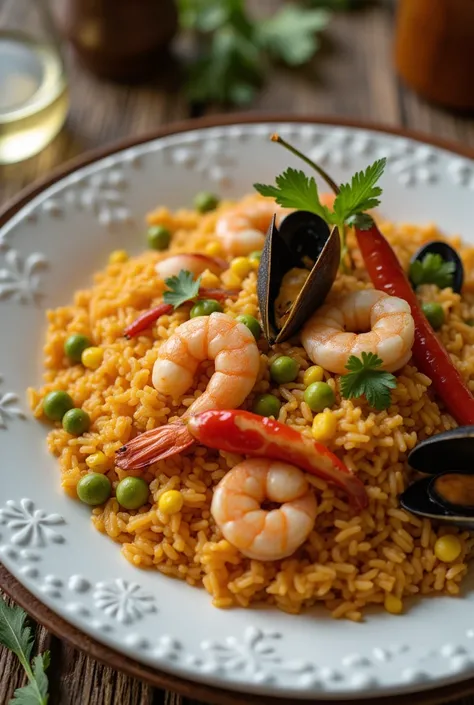 " A hyperrealistic close-up of a plate of Peruvian seafood rice . rice ,  of loose grain and cooked to the perfect point ,  exhibits a vibrant orange tone due to the seasoning of ají panca and ají Amarillo . Among the rice ,  generous portions of fresh sea...