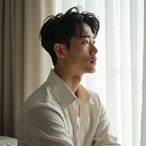 South Korean man (park bo-gum) light skinned,  striking eyebrows and a calm look ,  posing in a minimalist setting with curtains in the background, serene expression and a casual style , profile picture

