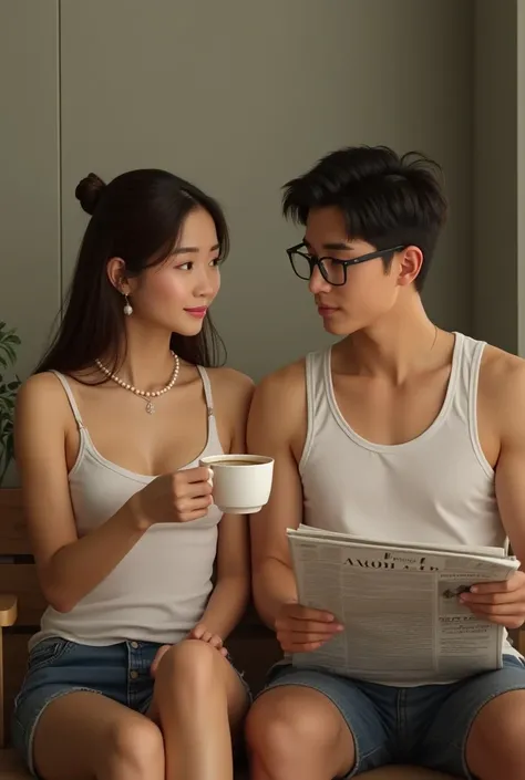  Beautiful 25-year-old Asian European woman with long straight brown hair neatly tied up , wearing a white singlet , wearing short jeans with a pearl necklace, giving coffee to a saucy 25-year-old european asian guy ,bertato wearing a white singlet , sitti...