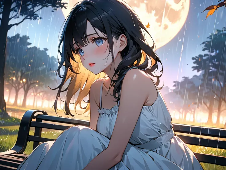 In the Rain、 is crying、 is crying少女、Late Night、 full of stars、The moon is beautiful 、(masterpiece, Best Quality:1.2), Illustration, anime, (Wide Shot), Model shoot, One girl, (Under the arms), Long black hair, Pretty lips, Beautiful Face, beautiful eyes, W...