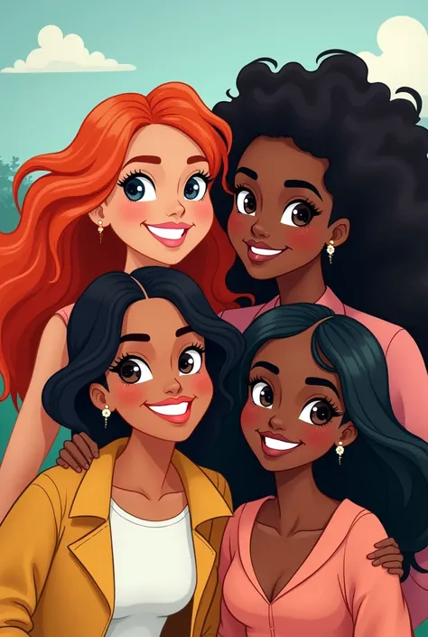 Cartoon of 4 women being a redhead ,  a white woman with brown hair a black curly hair and one with black Chanel hair with white skin