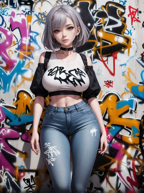 noelle |genshin impact, master-piece, bestquality, 1girls,25 years old, proportional body, elongated legs, Beautiful, proportional., crop top, Long Jeans, gigantic breasts, ,bara, crop top, choker, (Graffiti:1.5), Splash with purple lightning pattern., arm...