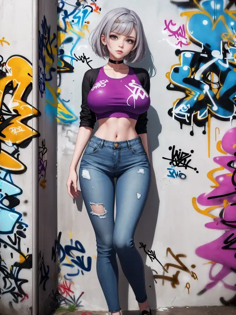 noelle |genshin impact, master-piece, bestquality, 1girls,25 years old, proportional body, elongated legs, Beautiful, proportional., crop top, Long Jeans, gigantic breasts, ,bara, crop top, choker, (Graffiti:1.5), Splash with purple lightning pattern., arm...