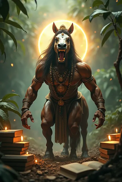 a masculine hindu deity, wearing traditional attire, bold, strong. he has a human body with a wild horses face. this entire form is dressed as a hindu god, adorned with jewellery. he is on all fours, neighing wildly in a jungle. there are books lying next ...