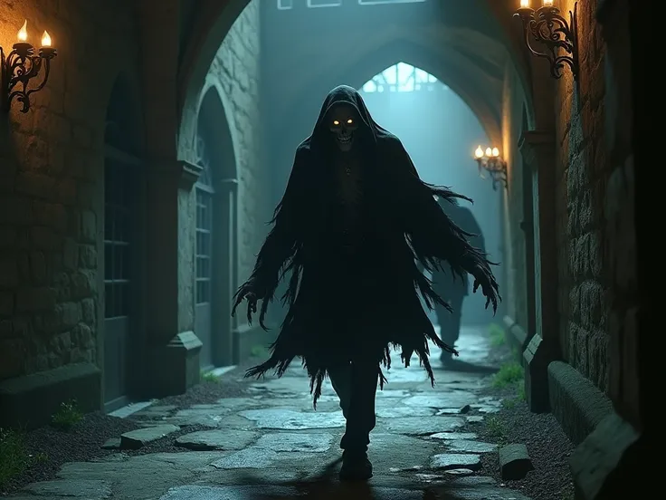 an aggressive vampire runs towards us through the corridor of an old castle