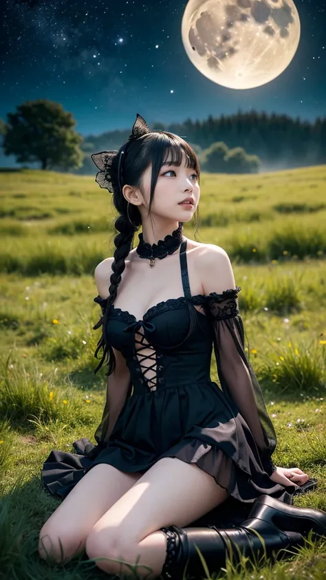 ① "A gothic lolita interpretation of Zhu Bajie, depicted joyfully playing in a moonlit meadow. Her upper body features pig ears adorned with delicate lace and ribbons, seamlessly complementing a black and crimson tank top with intricate gothic patterns. He...