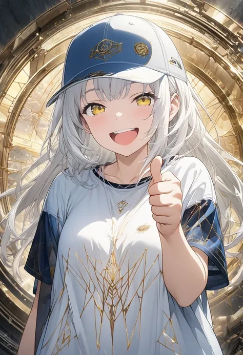 masterpiece,  best quality,  High Detail CG Unity 8K Wallpaper,  High School Girl Animation Illustration . thumbs up, wear loose-fitting clothes、 She Closes Her Eyes Wide Mouth , Smile. real background, 3dart, White Hair Color ,  yellow eyes , Anatomy of f...