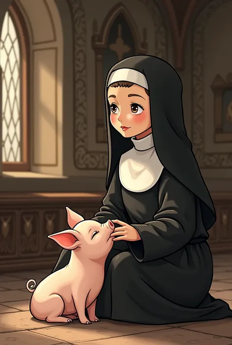  The best drawing about a pretty nun with a clean pig with tender eyes,  background in a church called  "The cave ", drawing by human style