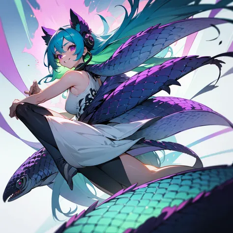 girl with green and blue hair,  gathered in a long long long tail ,  with purple eyes ,  with a bright smile ,  athletic build and scales all over her body and fins, instead of ears 