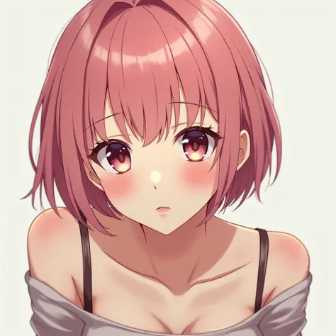 A young woman with short, pink hair that reaches just to her shoulders, with a natural hairstyle to frame her face. She is dressed in a tight crop top. Her expression is shy and slightly blushing, she leans forward slightly, seen from a close angle looking...