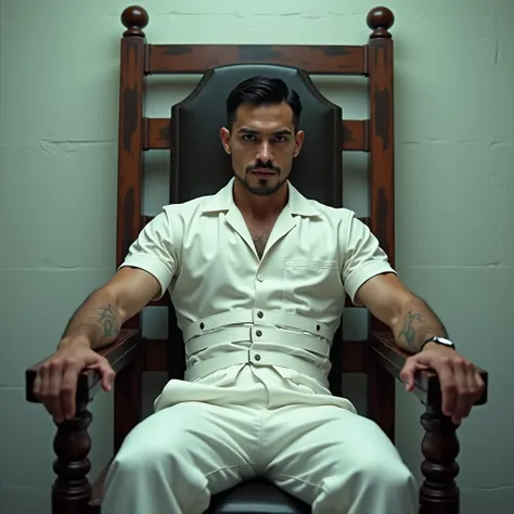 A chillingly striking scene of a 30-year-old Latino man with the face of a classic movie psychopath, sitting calmly in an electric chair. His piercing, cold gaze locks onto the viewer, his dark, almond-shaped eyes conveying an unsettling, emotionless inten...