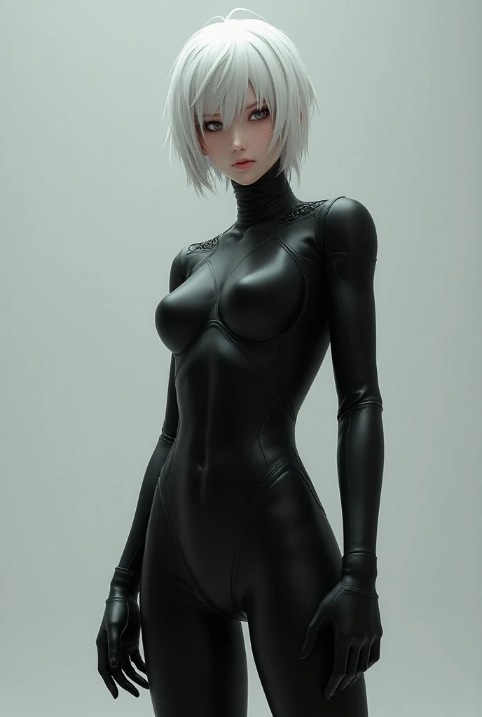 (Photorealism: 1.2) Nier android A2 wear black bodysuit. White hair.