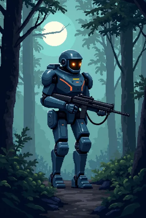 A simple aria support mech carrying your German mp40 in the woods at night. Pixel art style 128 pixels.