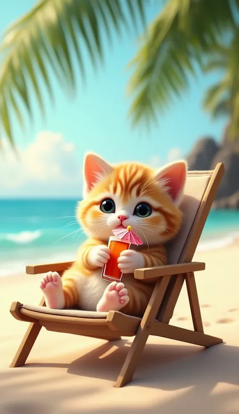 a mini baby cat sitting on a chair on a beach holding a cocktail 
