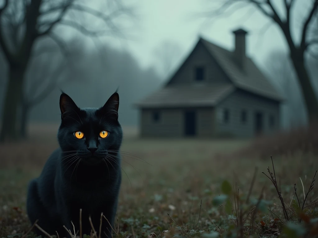 image for a YouTube channel banner in which in the background there is an old abandoned village and in the foreground and to the left of the image there is a black cat with shining eyes looking at us wickedly