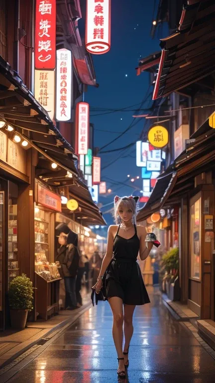 Create a photorealistic picture of Lady Rev on a busy street in Shinjuku, Japan at night.

 1. Lady Rev’s Unique Appearance: Snow-pale, almost translucent skin with a realistic, ethereal quality, platinum silver hair in a loosely tied ponytail with feather...