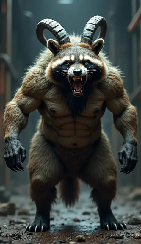 Humanoid mutant hybrid of a raccoon with an angry and roaring goat 