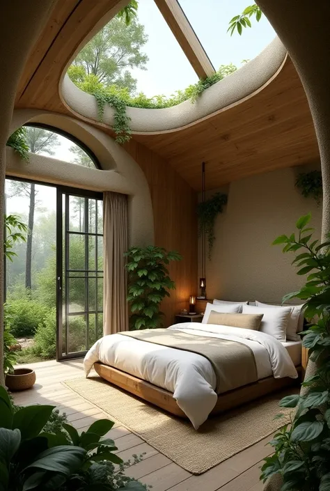 Create a unique ecofriendly spacious hotel room, with bathroom and bedroom 