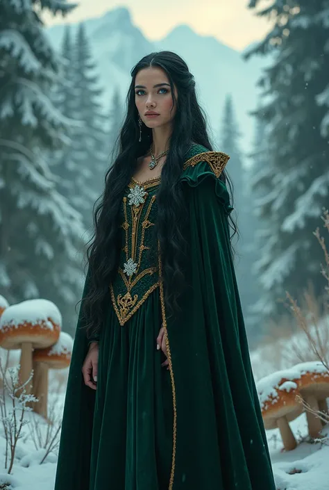 Woman with an a navy dark green winter cloak with golden details, snowflake brooch.  long black hair . queen of winter,  princess, queen, queen, winter princess, queen, Artgerm on ArtStation Pixiv, bela e elegante queen,  full body . Standing in the snow i...