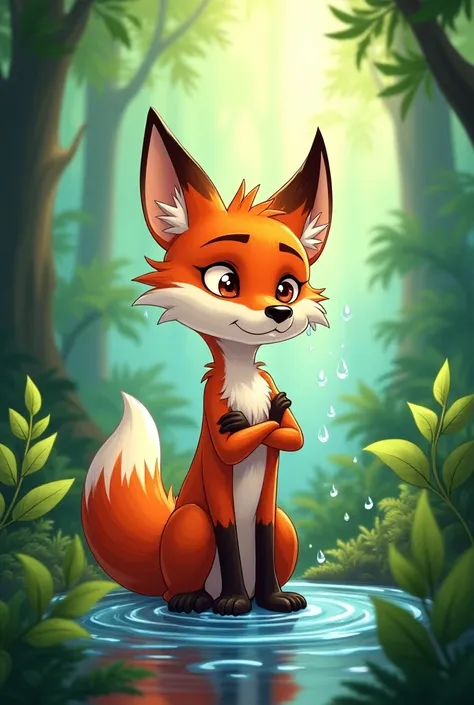 Male fox drenched in water and embarrassed in the forest cartoon 