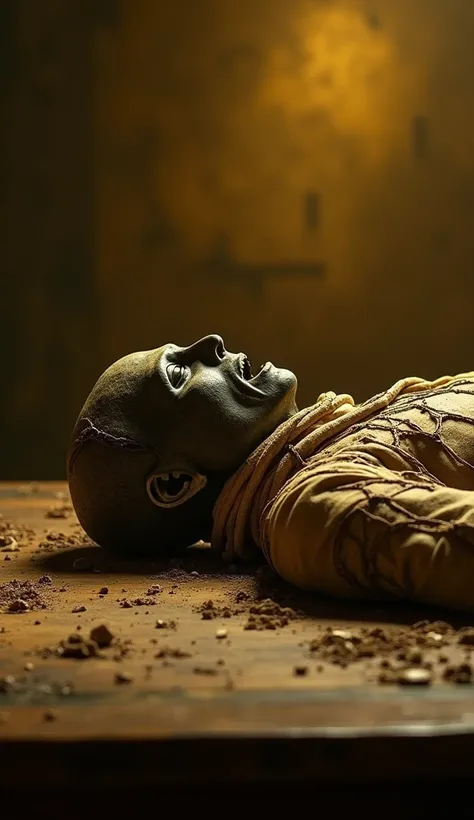 (photorealism:1.2),  egyptian mummy lying on table, dry black facial skin , Body wrapped in shabby and dirty mummy,  mouth wide open ,  yellowish dark atmosphere body,  image in cinematic zoom .