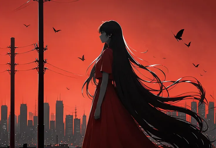 (in style of Ashley Wood:1.3),(in style of Takeshi Obata:0.9),
black and white urban skyline background,protruding utility poles,(a red silhouette of a young girl:1.6),minimalist silhouette,red silhouette,black and white background,wide_shot,silhouette of ...