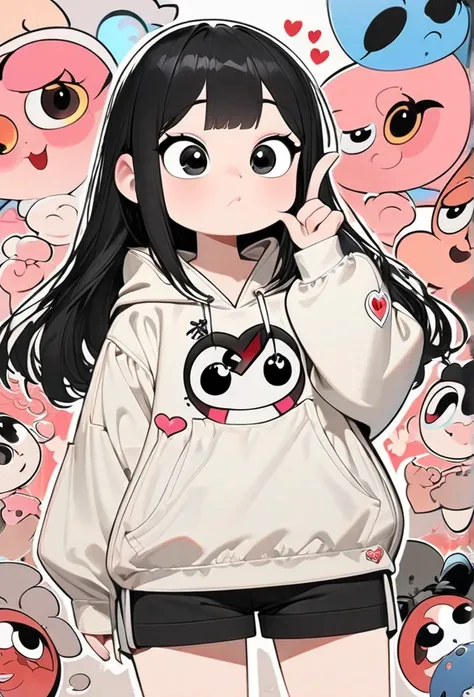 (art,  best quality: 1.2), cartoon character design, A young girl with straight black hair , Alone, Big Eyes,  cute expression , Korean,  makes a colloquial Hegart gesture with her fingers ,  crosses her thumb and index finger to make a V,  wearing a hoodi...