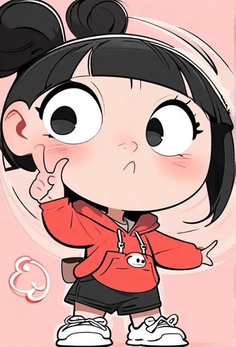 (art,  best quality: 1.2), cartoon character design, A young girl with straight black hair , Alone, Big Eyes,  cute expression , Korean,  makes a colloquial Hegart gesture with her fingers ,  crosses her thumb and index finger to make a V,  wearing a hoodi...